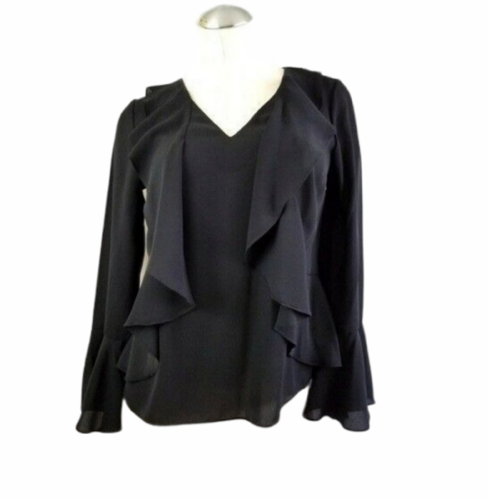 3/$25 INC International Concepts PP Black Blouse Ruffles Flare Sleeves
